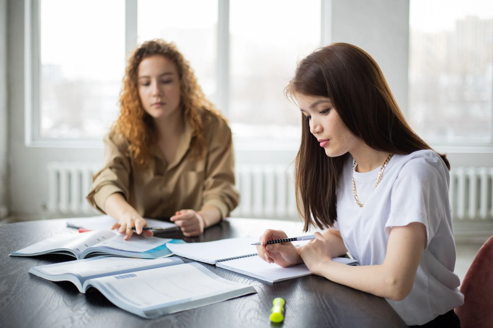 TOEFL iBT Preparation — Stock photograph of two women studying with notebooks in a classroom.