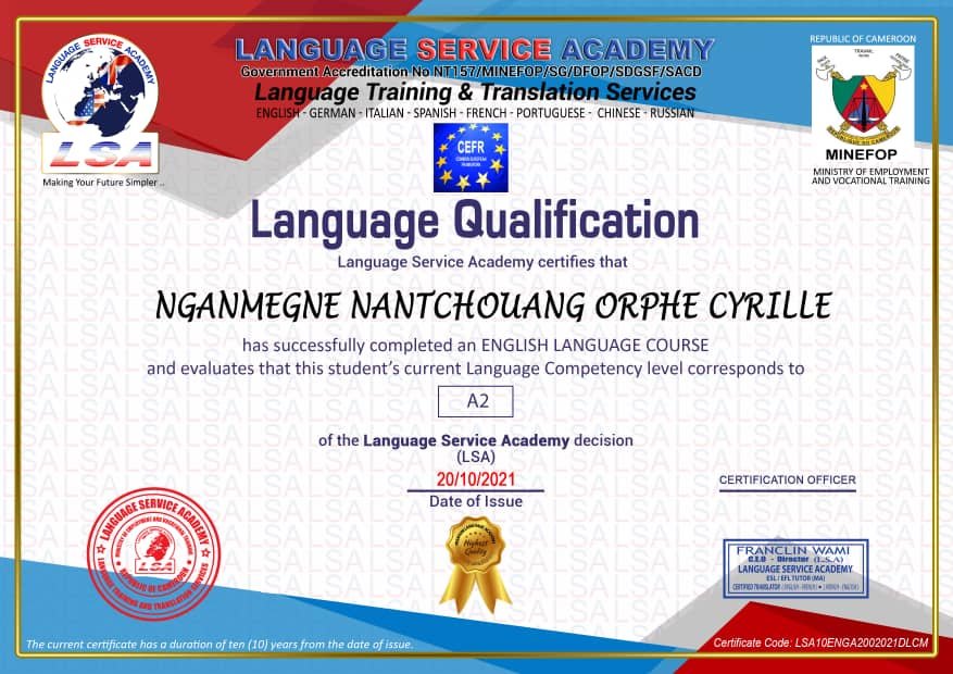 LSA GLOBAL SAMPLE A2 LANGUAGE CERTIFICATE